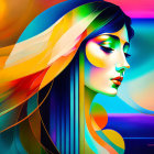 Colorful Digital Artwork: Woman's Profile with Flowing Hair