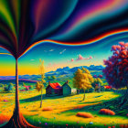 Colorful surreal landscape with trees, mountains, path, and cottage