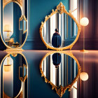 Person in Blue Coat Standing in Front of Ornate Golden Mirrors in Glossy Room