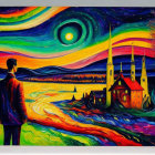 Man in suit standing in vibrant, swirling landscape with starry sky, colorful hills, church, and