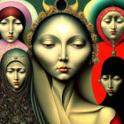 Abstract painting featuring five stylized female faces with expressive eyes and ornate headpieces