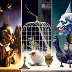 Surreal triptych featuring anthropomorphic figures and unique elements