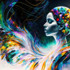 Colorful Abstract Digital Artwork of Woman's Profile with Cosmic Elements