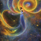 Woman in Blue Dress Floating Among Colorful Cosmic Nebulae