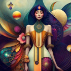 Cosmic-themed digital artwork featuring serene female figure