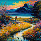 Colorful landscape painting with person by stream, blooming flowers, mountains, sunset sky