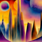 Vibrant abstract art: spire-like shapes in purple, orange, and yellow gradient.