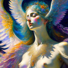 Colorful painting of angelic figure with multicolored wings and golden attire