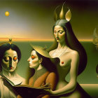 Surreal painting featuring stylized female figures and symbolic elements on gradient backdrop.