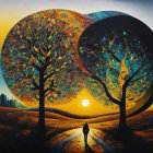 Vibrant painting of two colorful trees against twilight backdrop