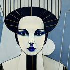 Geometric headdress portrait in cool blue tones with Art Deco influence