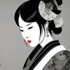 Monochrome illustration of woman with intricate hair ornaments and red lips in traditional Asian attire