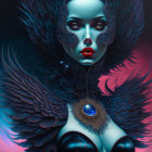 Surreal portrait of woman with blue skin and red lips wearing purple feather collar