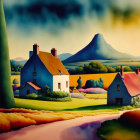 Colorful rural scene painting with houses, hills, mountain, and vibrant sky