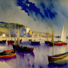 Colorful Harbor Scene with Boats, Village, and Blue Sky