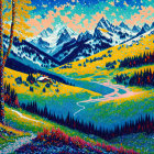 Vibrant landscape painting of lush valley with meadows, forests, and mountains