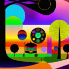 Vibrant abstract landscape with geometric shapes and trees