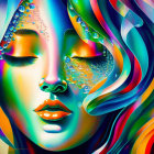 Colorful digital art portrait: Woman with closed eyes and flowing wavy hair