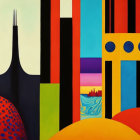 Colorful abstract geometric painting with sharp spikes, vertical stripes, and circles on layered landscape.