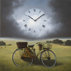 Surreal landscape with bicycle and floating clock in stormy sky