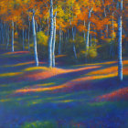 Colorful autumn forest painting with orange leaves and wildflowers