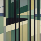 Geometric Abstract Painting: Vertical and Horizontal Lines in Green, Yellow, Beige