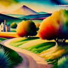 Colorful landscape with rolling hills, winding path, vibrant trees, quaint house, vivid sky.