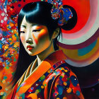 Vibrant digital artwork: Asian woman in traditional attire on colorful abstract background