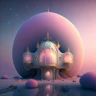 Fantastical palace with bulbous turrets under giant moon in dreamlike desert