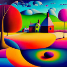 Vibrant Stylized Landscape with Whimsical House and Swirling Patterns