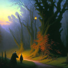 Serene forest painting at dawn with towering trees and silhouettes of people in cloaks