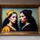 Framed painting of two women with bold makeup and headscarves