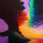 Colorful tree painting with sunset sky and water reflection