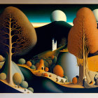 Fantastical landscape painting with castle, trees, figures, and twilight sky