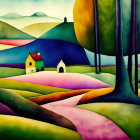 Vibrant stylized landscape with rolling hills, houses, trees, and mountains.