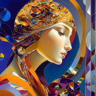 Colorful digital artwork of woman with mosaic-like appearance in blue and gold.