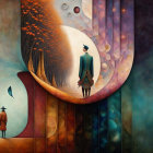 Surrealist painting with two figures in dreamlike landscape