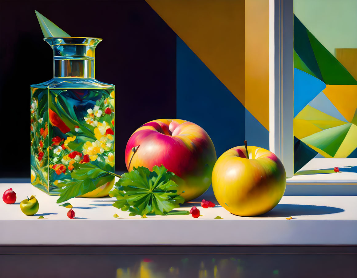 Colorful Still Life Painting with Glass Vase, Apples, and Berries