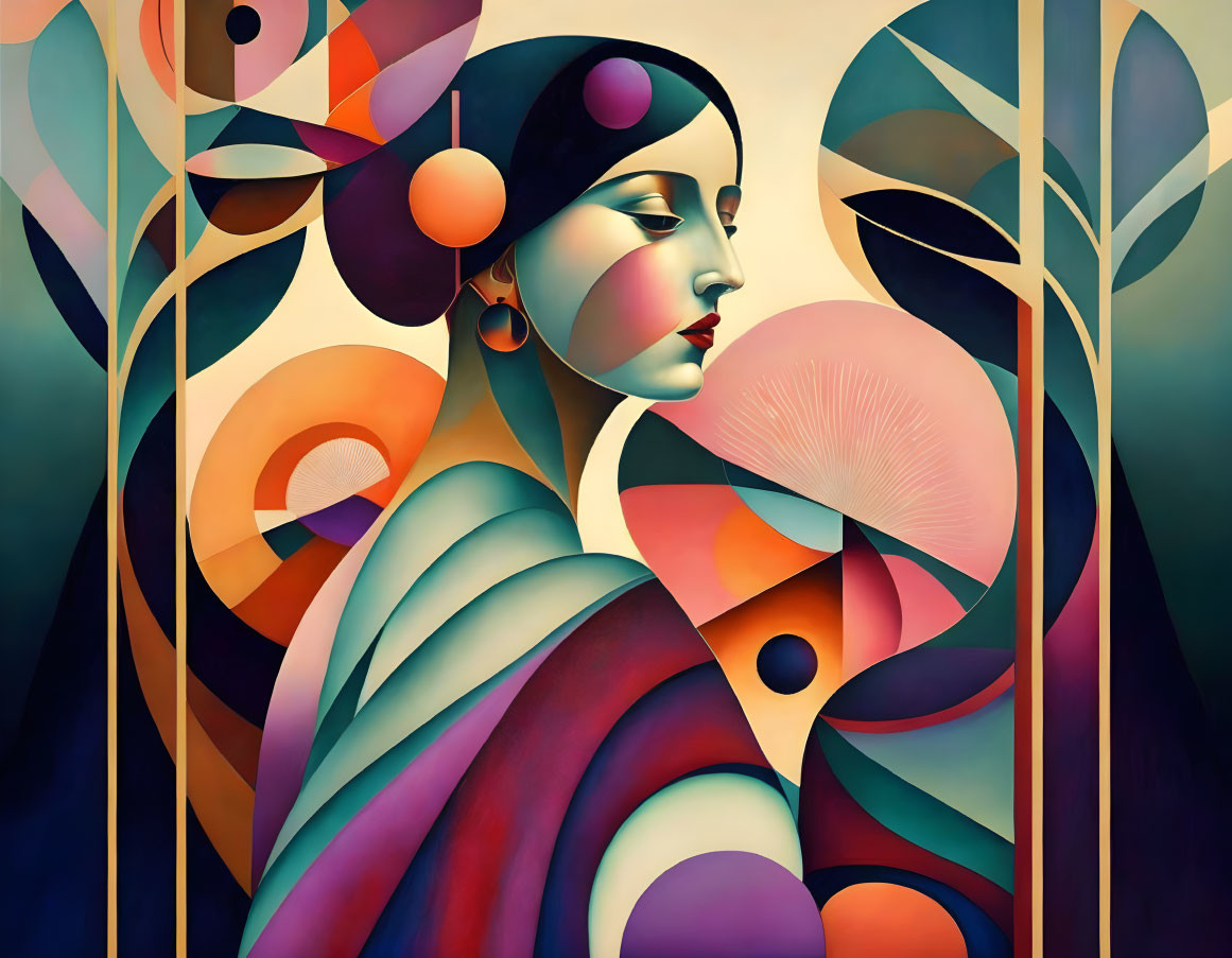 Colorful abstract artwork featuring stylized female figure and geometric plant design.