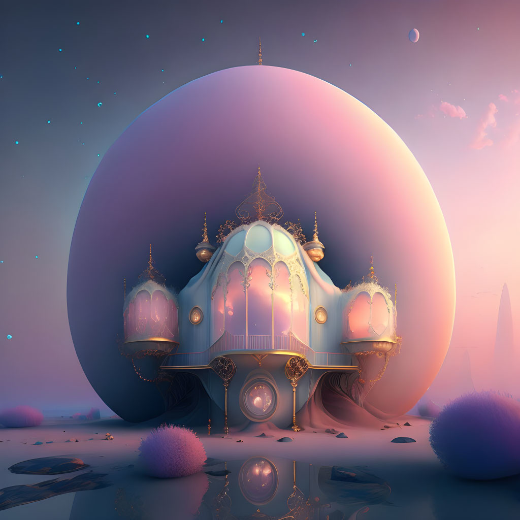 Fantastical palace with bulbous turrets under giant moon in dreamlike desert