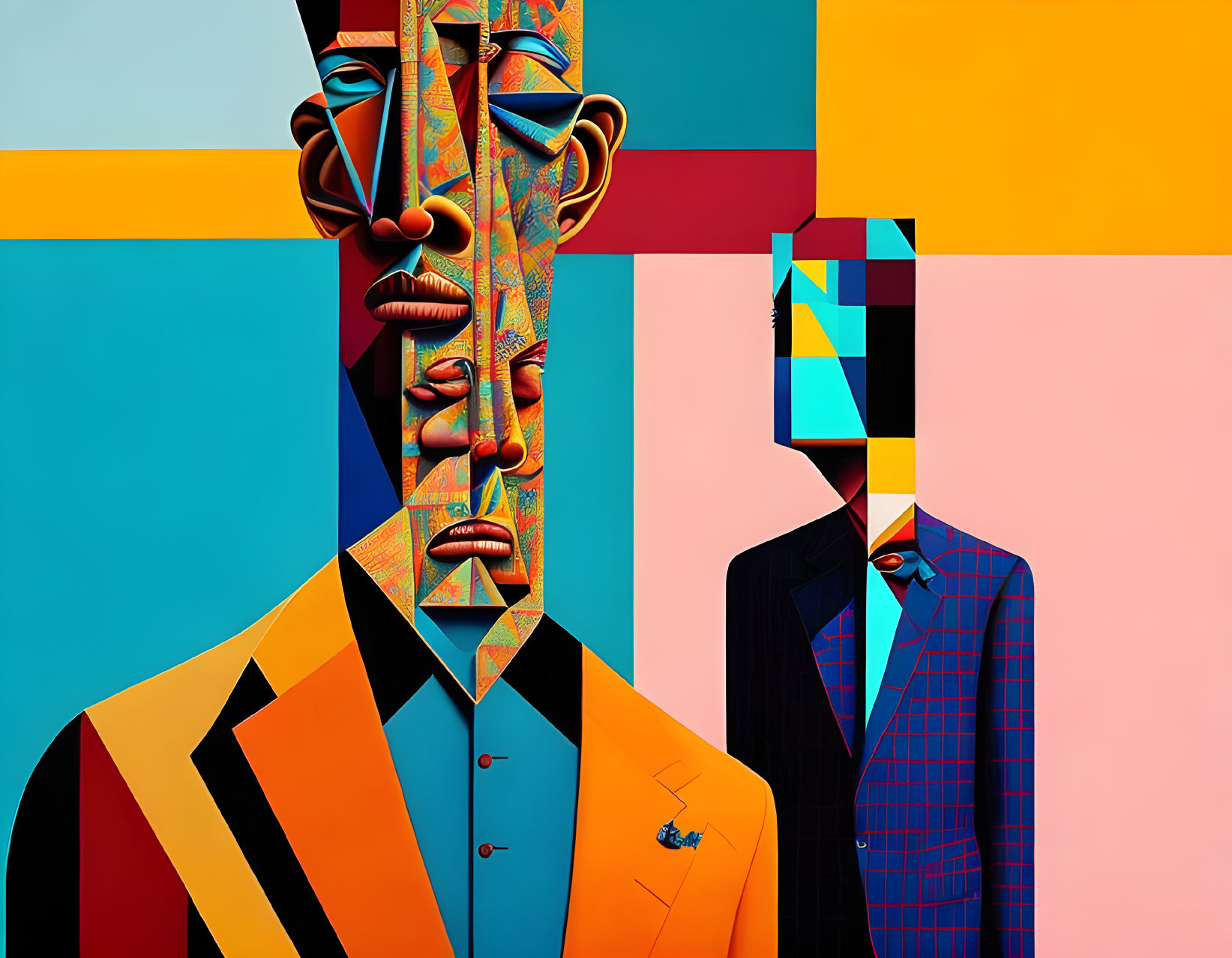 Colorful Surrealist Painting: Two Figures with Fragmented Faces