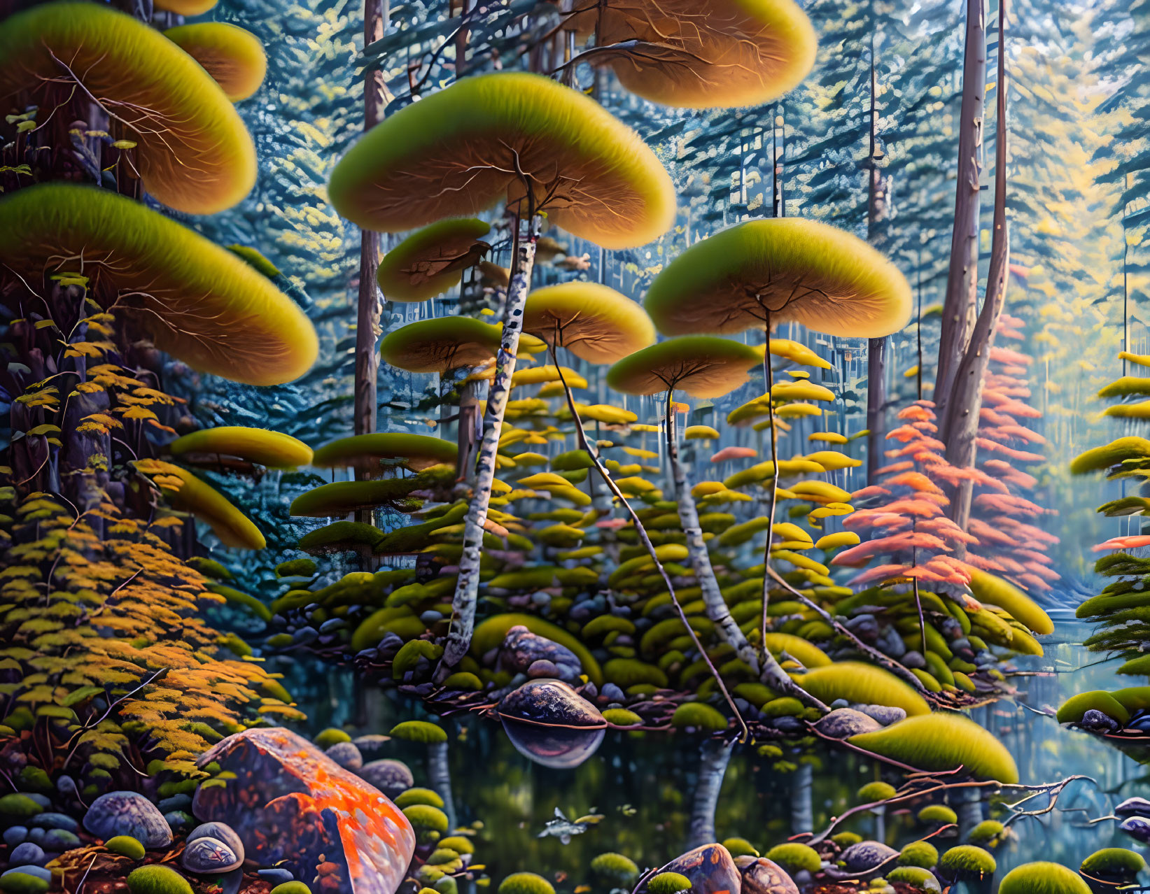 Vivid surreal landscape: oversized mushrooms, mystical forest