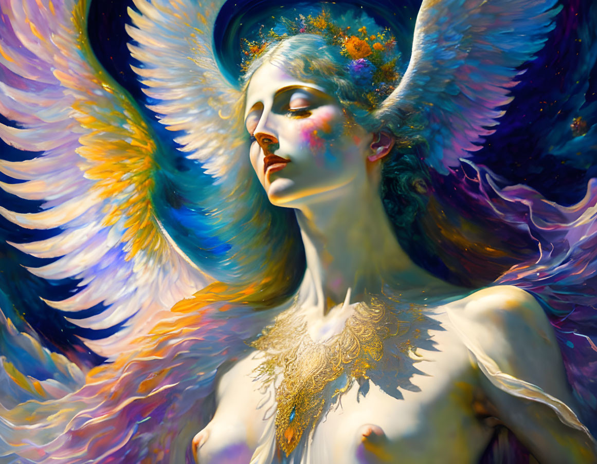 Colorful painting of angelic figure with multicolored wings and golden attire