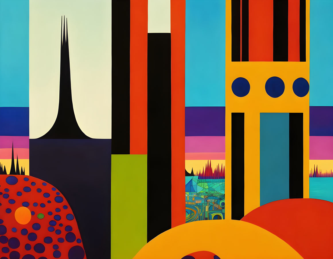 Colorful abstract geometric painting with sharp spikes, vertical stripes, and circles on layered landscape.