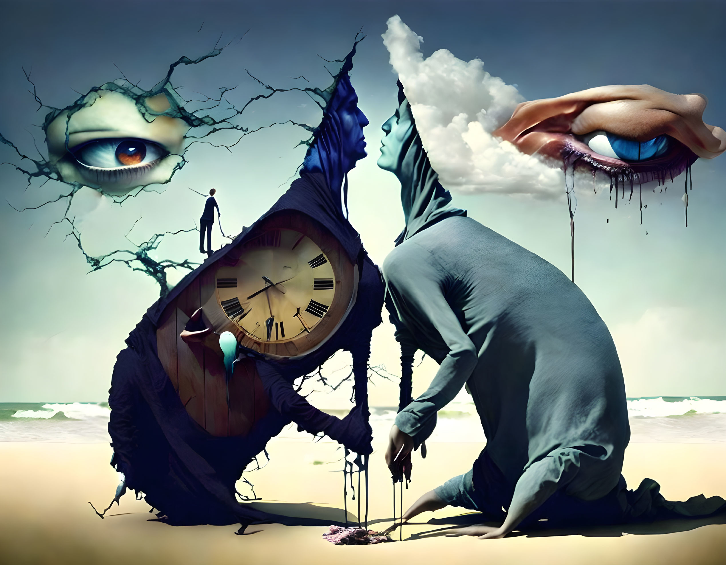 Surreal artwork featuring fractured clock, kneeling figure, and floating eyes above beach.