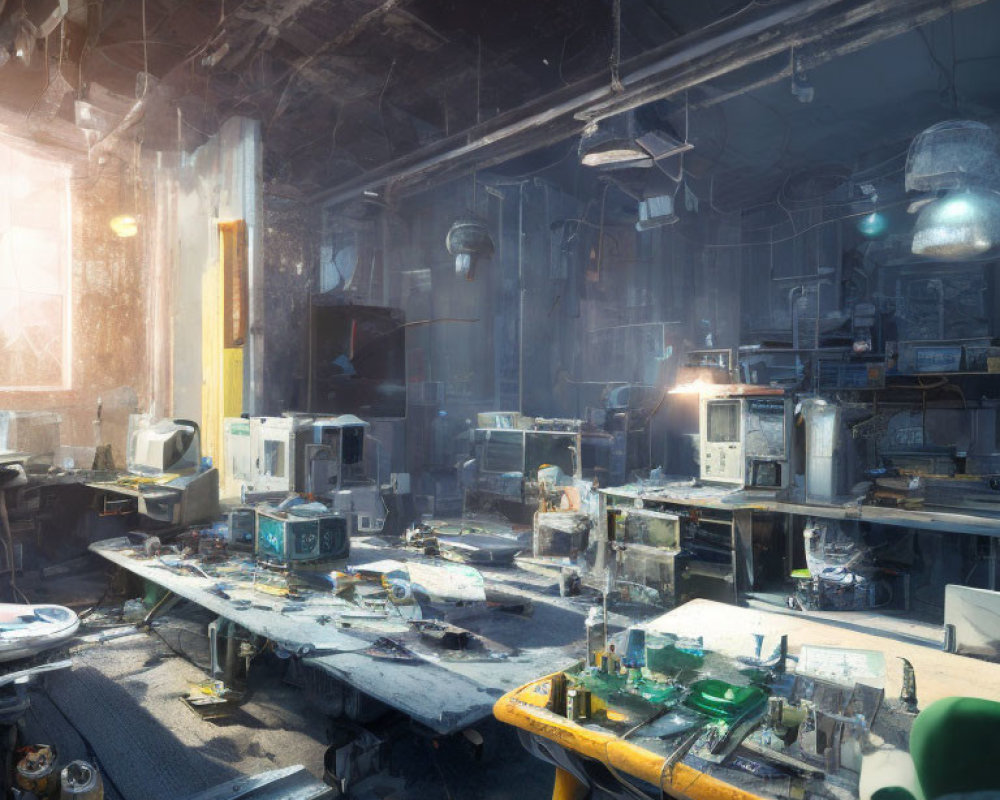 Cluttered electronics workshop with disassembled computers and scattered parts.