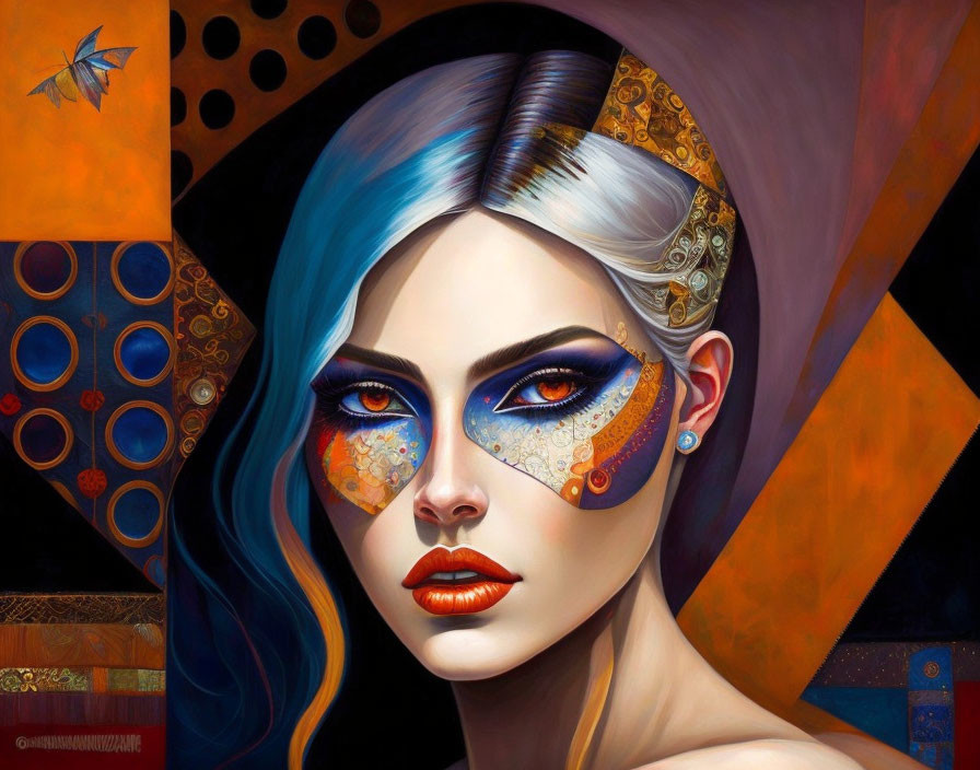 Colorful Artwork Featuring Woman with Blue Eyes and Golden Patterns