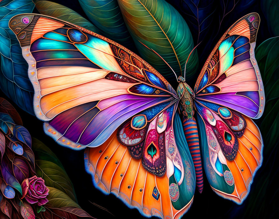 Colorful digital artwork: Butterfly with intricate patterns, stylized foliage, and rose