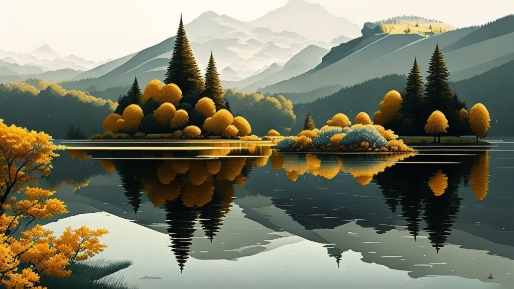 Autumn landscape: serene lake, lush trees, hazy mountains