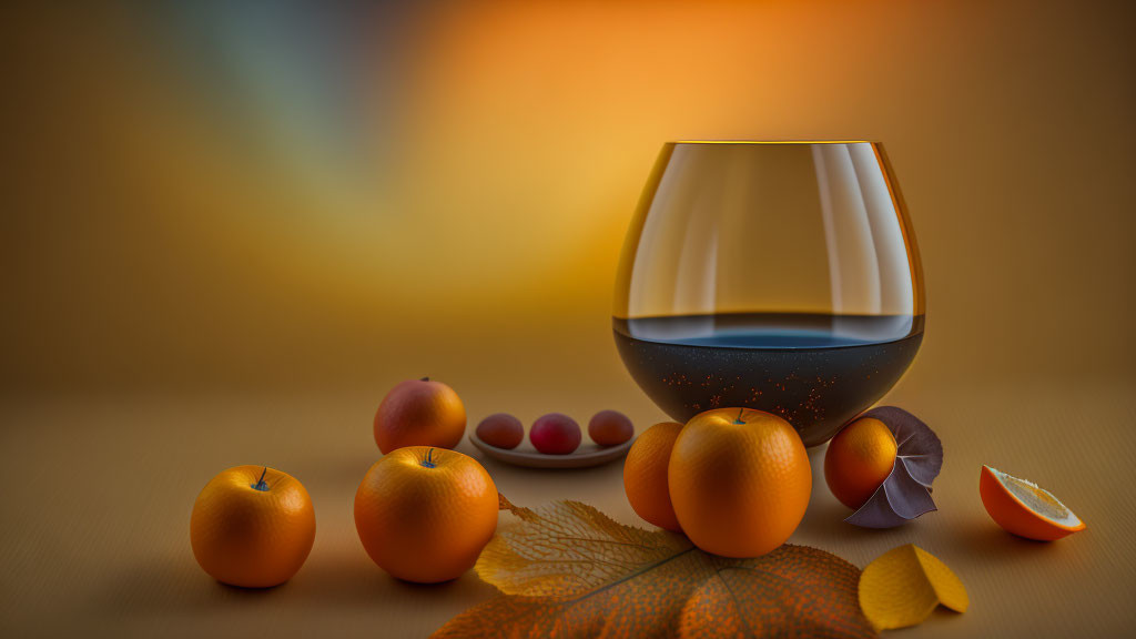 Glass of Bubbly Liquid Surrounded by Fruit and Fall Leaves on Table